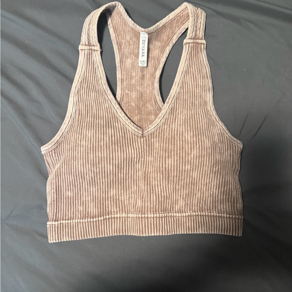 Zenana Outfitters Ribbed Racerback Tank Top in Taupe